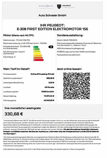 Peugeot e 308 First Edition 156 ab 330 Euro leasen